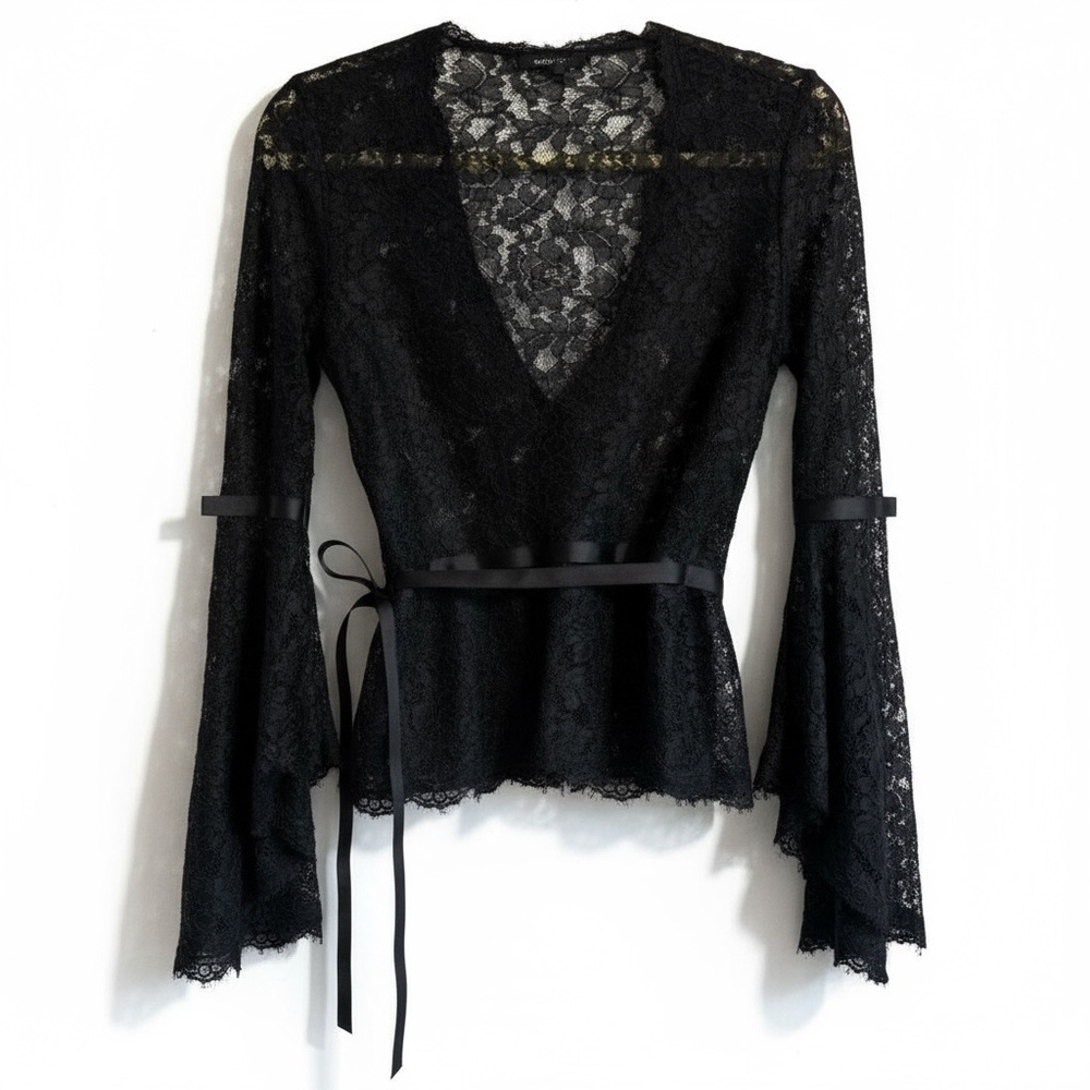 Rare Vintage Diane von Furstenberg Black Lace Wrap Top Bell Sleeves Holiday 4 - Picture 7 of 10